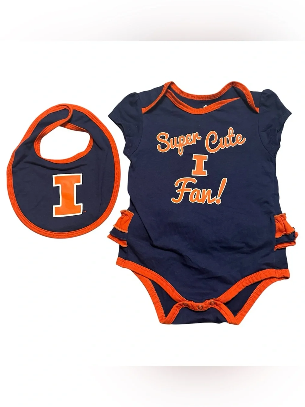 University of Illinois Baby Bodysuit Bib Set 18M Orange Navy Ruffle